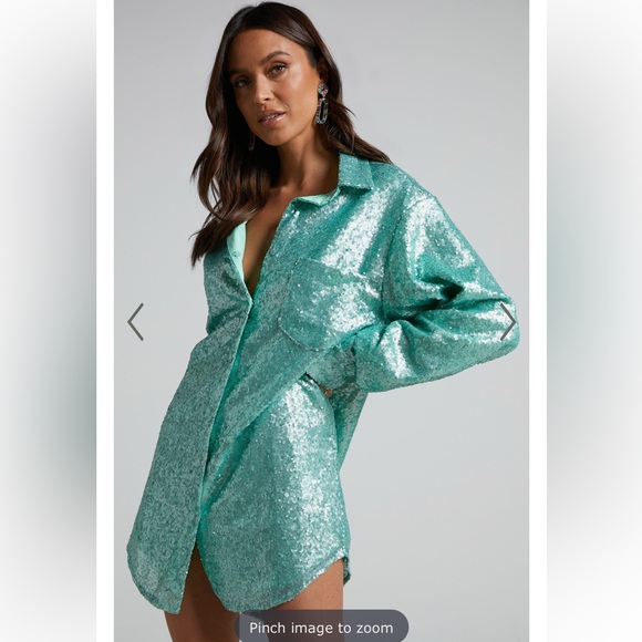 SHOWPO CALLY MINI DRESS - OVERSIZED SHIRT DRESS IN AQUA SEQUIN - Picture 3 of 7